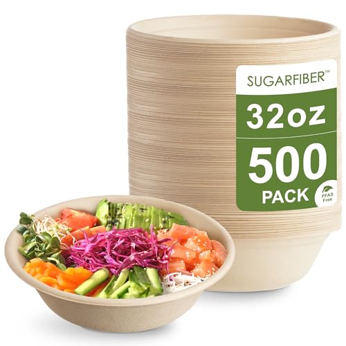 [500 unidades] Tazones de papel redondos sin PFAS de 32 onzas, recipientes compostables ecológicos hechos de fibras vegetales para preparación de comidas, platos de vajilla para llevar, catering. 100%
