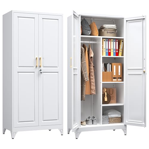Metal Wardrobe Closet,71" H Wardrobe Cabinet with Locking Doors,White Clothing Storage Cabinets with Hanging Rod and 3 Adjustable Shelves,Armoire Wardrobe Closet for Home Office,School,Gym W