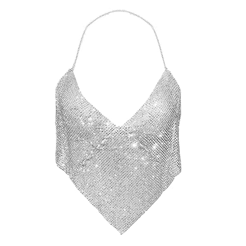 Sexy Women's Rhinestones Top Metal Chain Crop Top Backless Sleeveless Vest Sequin Halter Tank Nightclub Party Dance Rave2