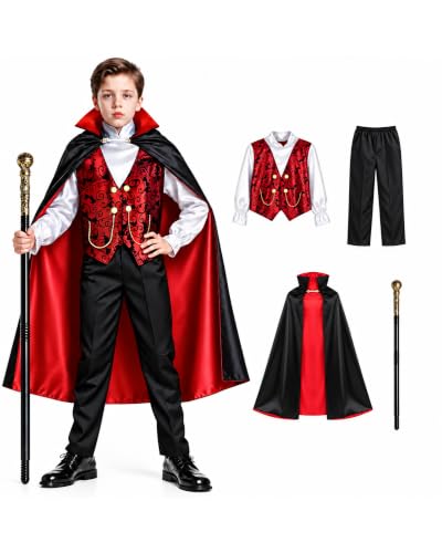 Boys vampire Halloween costume set Large 9 to 12 with vampire cape shirt pants and cane for classic gothic look