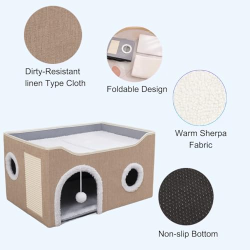 ERNAN Cat Beds,Cat Bed for Indoor Cats, Foldable Cat House,Large Soft Cave Bed with Scratching Board for Small Medium Pets (kaki, M) - Image 4