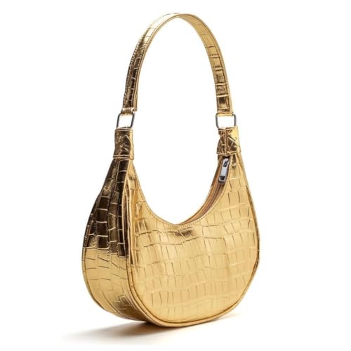 Bolsa Feminina Meia Lua Croco Verniz de Ombro Elegante Compacta para Festa e Uso Diário(Dourado)