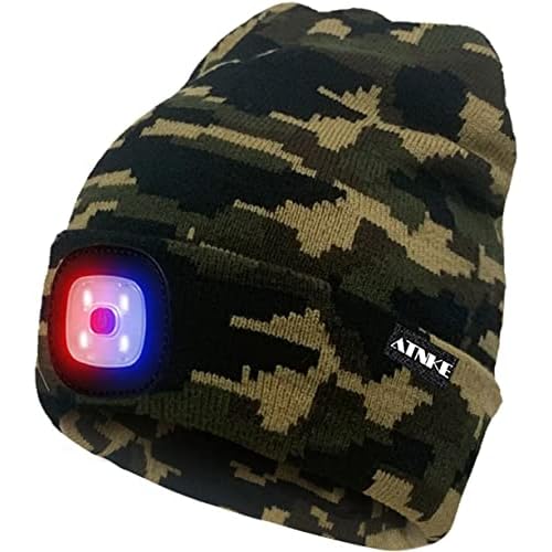 ATNKE Bright LED-beleuchtete Beanie-Kappe Wiederaufladbarer Unisex-Scheinwerfer-Hut Rot und Blau Leuchten Blinkender Alarmscheinwerfer/Tarnung Gr¨¹n