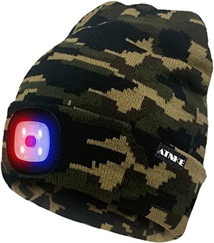 ATNKE LED Lighted Beanie Cap,USB Rechargeable 4 LED Red and Blue Glow Flashing Running Headlamp Hat Winter Warm Gifts for Men and Women