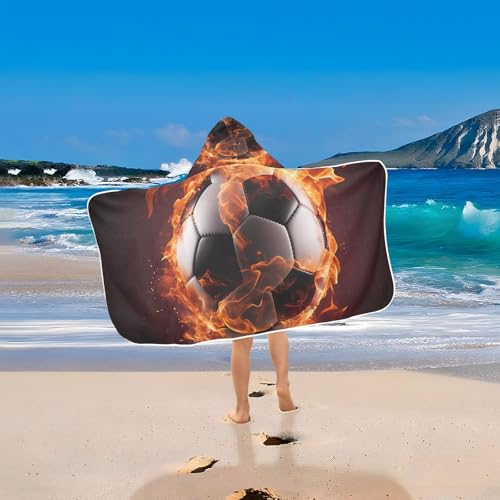 Image of Soccer Sport Fire Hooded Beach Towel for Kids, Kids Bath Hooded Towels for Boys Girls, Super Soft Absorbent Bathrobe with Hood for Swin Pool 50 inchx23.5 inch
