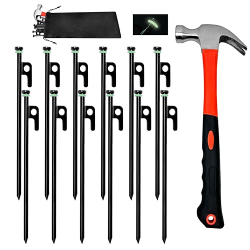 12Pcs Tent Stake with Hammer Set, 8in Tent Stakes Heavy Duty with 10.5in Camping Hammer, Storage Pouch, Forged Steel Tent Stakes for Camping Used on Rocks, Grassland(12Pcs 8in Stakes+Hammer)