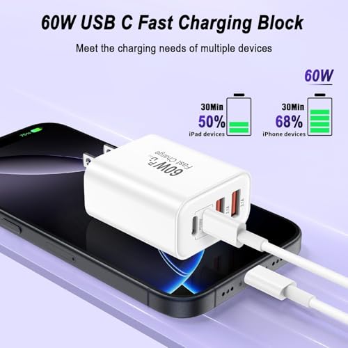 Image of USB C Charger Block,60W 4-Port USB C Wall Charger iPhone Charger Fast Charging PD Power Adapter+QC Wall Plug Multiport Type C Brick Chargers for iPhone 17 16 15 14 13 12 11 Pro Max XS,Samsung