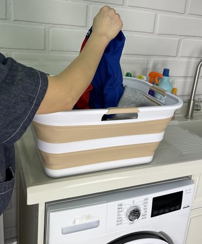 Image of SAMMART 42 (11 Gallons) Collapsible Plastic Laundry Basket, Foldable Pop Up Storage Container /Organizer, Space Saving Hamper, Portable Bin for Dorm Room Bathroom (1, White /Beige)