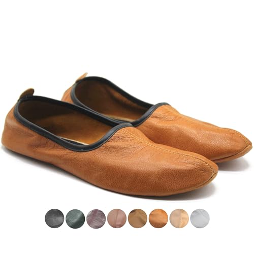 Akdam Womens Indoor Leather Slippers Antique Tan Traditional Babouche House Shoes Barefoot Moccasin (Size 11)