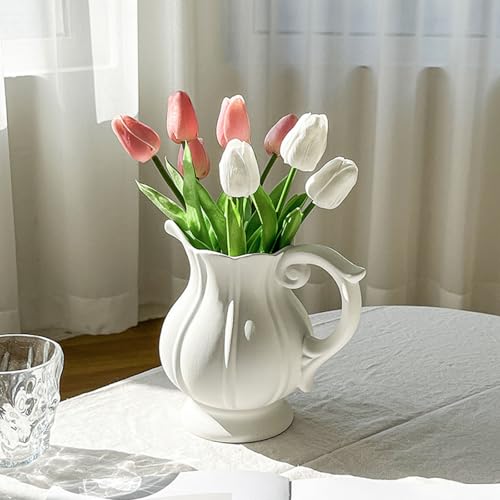Jarrones de cerámica blanca mate con asa para decoración de hogar 7
