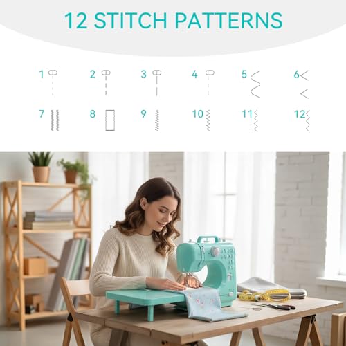 Sewing Machine for Beginners with Extension Table, Mini Electric Portable Sewing Machine with 12 Stitches LED Light and Accessories Kit for Home DIY Sew Project Cyan