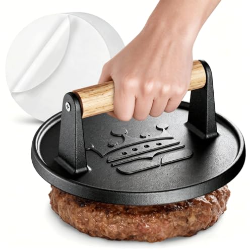 Basinel 6.5" Smash Burger Press 20pc Baking Paper Smasher, Gift for Men | 2lb Heavy-Duty Grill Bacon Meat Press with Wood Handle,Nonstick hamburger Smasher for griddle accessories,BBQs and Tailgates - image 1