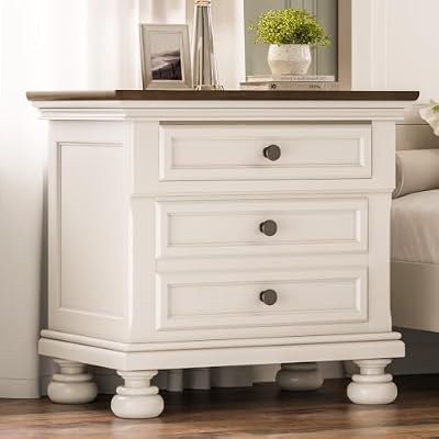 AMERLIFE Fully Assembled Nightstand, Solid Wood End Table with 2 Storage Drawers, 26" Extra Large Traditional Bedside Cabinet for Bedroom, White