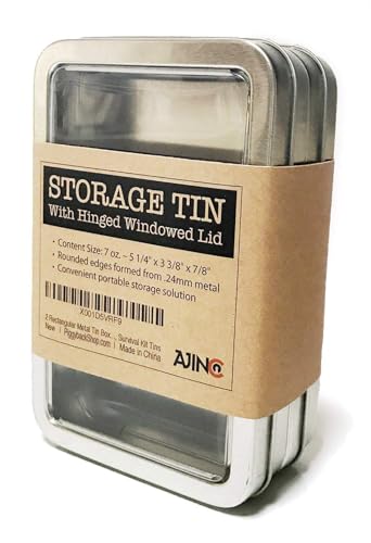 Image of Rectangular Metal Storage Tin Box with Windowed Hinged Lid - Plain Silver Blank Storage Case, Survival Kit Tins 5.5 inch x 3.5 inch (2X)