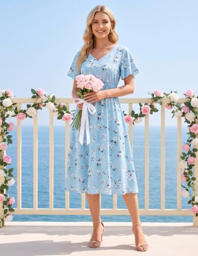 Image of Gardenwed Chiffon Floral Dresses Summer Midi Wedding Guest Dress V Neck for Women Elastic Waist