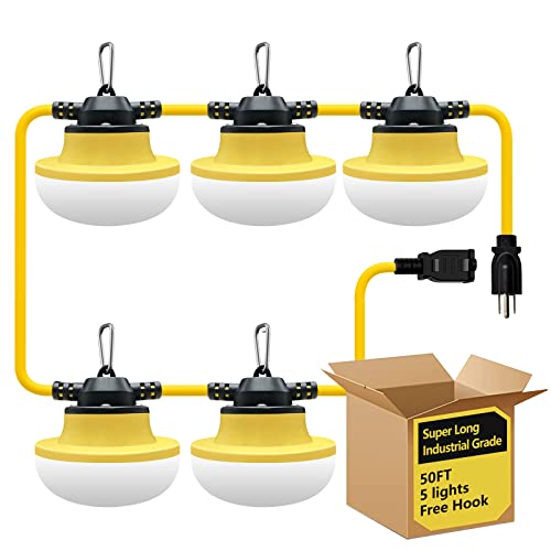 New Upgrade 50FT Construction String Lights LED Industrial Grade Best for Construction Sites,Renovation, Walkways,Patio,Mine cave,Outdoor Lighting Solutions Use,Free for Climbing Hook 3Prong