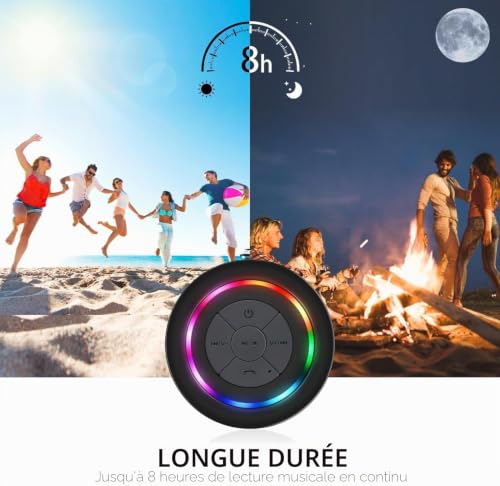 HAISSKY Enceinte Bluetooth Douche,IPX7 Enceinte Bluetooth Portable avec Ventouse,Lumière LED, Enceintes Bluetooth Salle de Bain Haut-Parleur pour Soirées Plage Extérieur Douche – vue 4