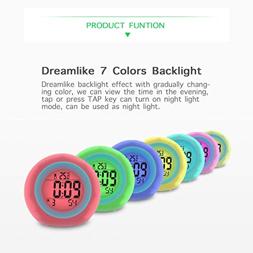 Kids Alarm Clock, sveglia per bambini, 7 colori che cambiano la luce per ragazzi e ragazze, funzione snooze, 8 suonerie, 12/24 ore, controllo one-tap, visualizzazione della temperatura interna - Image 4