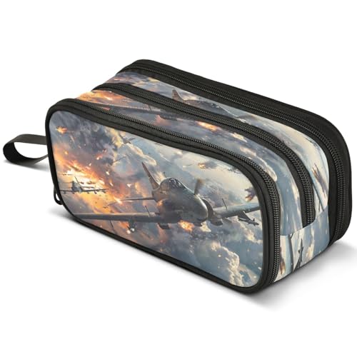 Image of Fighter Jets in Action Large Pencil Case, Pen Pouch Pencil Bag with 3 Compartments Pen Holder Organizer Stationery Bag