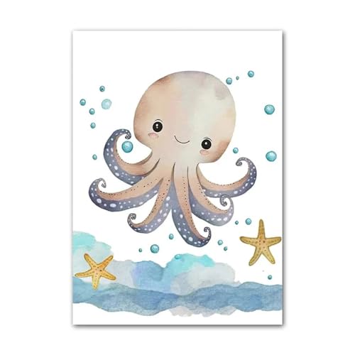 BeiYiHo Affiche Theme Mer Enfant Tableau Animaux Marins Decoration Mer Chambre Enfant Bleu Tableau Ocean Chambre Bebe Tortue Baleine Poisson Hipocampe Toile Poster Deco Marine Chambre Garcon
