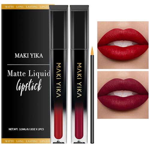 Image of MAKI YIKA 2Pc Matte Liquid Lipstick Set Burgundy Red Lipsticks Long Lasting