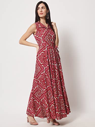 Image of Rudraaksha Women's Printed Maxi Dress Sleeveless Fit & Flare Long Dress || Western Dress for Women || Stylish Maxi Dress Dress || Summer Dress || Boho Printed Dress for Women