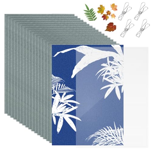 36 Stück A5 Cyanotypie Papier Kit, Hochempfindlich Sonnendruckpapier Solarpapier mit Kunststoffwerkzeug und Klammer Solar Fotopapier für Heimwerken Basteln