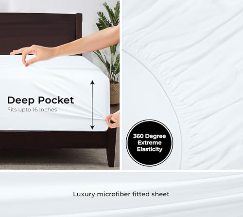 Image of Royale Linens 2 Pack Fitted Sheet - Elastic Sheets - Twin Fitted Sheet Only - Soft & Breathable - Brushed 1800 Microfiber - Stain Resistant- Hotel Quality Deep Pocket Stretches Up to 16 inch (Twin, White)