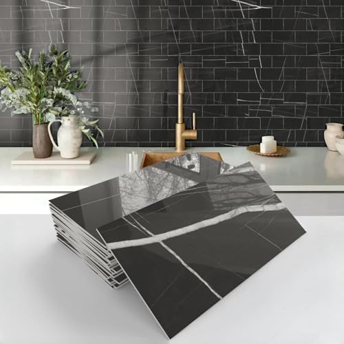 16 azulejos autoadhesivos con efecto de mármol, azulejos de vinilo para despegar y pegar para la pared de la cocina y el baño, transferencias individuales impermeables para azulejos (negro, 4 x 8