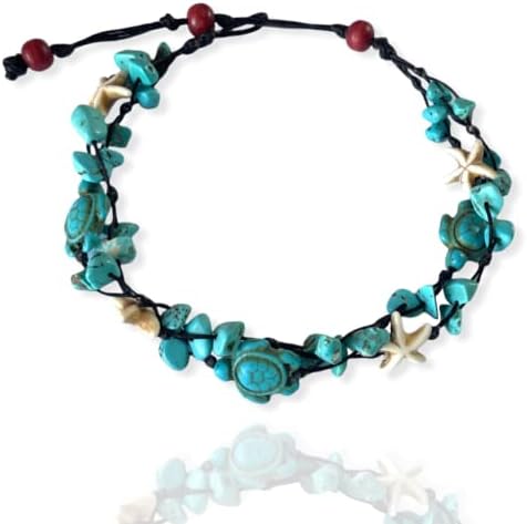 Anklet Stone Handmade Braided Rope Ankle Natural stone Turtle Starfish dolphin for Women Girls (Turquoise stone Turtle starfish)