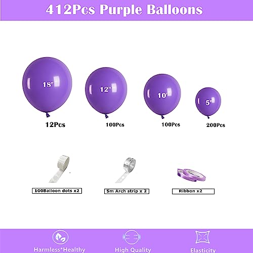 Image of 412pcs Purple Balloons 18 12 10 5 Inch Purple Balloon Garland Arch Kit Different Sizes Matte Latex Balloons for Baby Shower Birthday Wedding Party Decorations