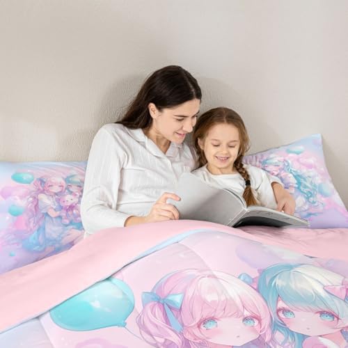 Image of Erosebridal Anime Girl Kids Bedding | Girly Friendship Queen Comforter Sets,Fantasy Dreamy Girls Comforter Romance Ballons Duvet Insert with 2 Pillow Cases