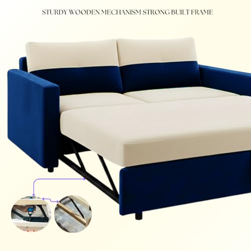Image of SOCOZI Enrique 2-Seater Pull-Out Sofa Cum Bed | Soft Velvet Suede Fabric, Convertible Sofa Bed for Bedroom (Dark Blue-Cream)