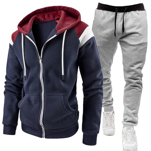 Conjuntos de chándal para hombre con cremallera completa, traje deportivo para correr y gimnasio de 2 piezas, trajes de sudadera atléticos de contraste con sudadera con capucha, top de chándal con