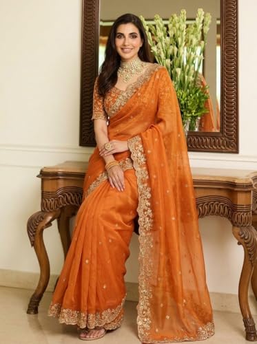 Image of ORHANS Women's Organza Silk Saree with Unstitched Blouse Piece Heavy Embroidery Work and Floral Pattern | Womens Sarees for Weddings | Party and Festivals Sari for Woman | Silk Saree