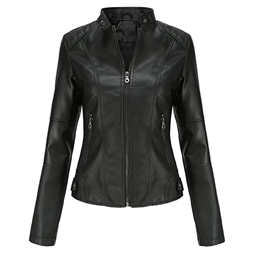 Lu's Chic Women's Faux Leather Jacket Long Sleeve Outerwear Zipper Fall Full Zip Spring Jackets & Coats