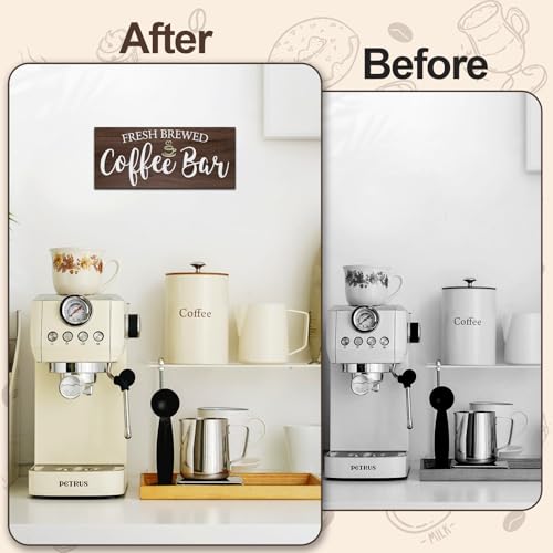 Image of Rustic Coffee Bar Sign Wall Decor - Vintage Wood Grain Hanging Plaque for Kitchen, Cafe Bar Home Housewarming - Farmhouse Style Coffee Station Accessories, Self Serve Fresh Brewed Sign - 13.7x5.9 Inch