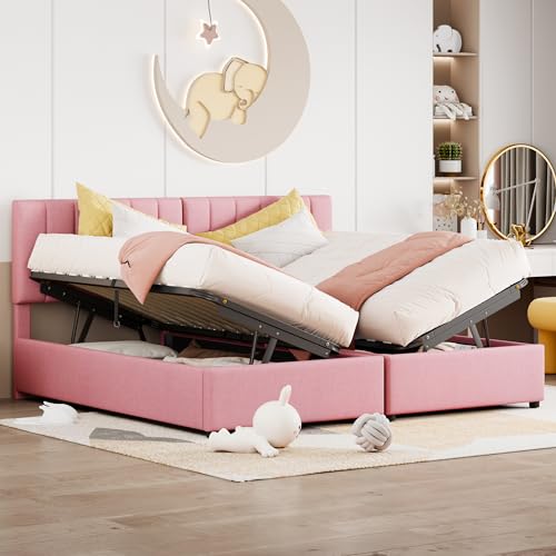 OKMYHOME Cama con espacio de almacenamiento de 180 x 200 cm - Cama doble acolchada con baúl y cabecero regulable en altura - Lino rosa, sin colchón