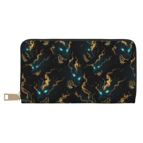 Leather Thin Slim Wallets for Women Men - Fashion Golden Green Lightning Wolf Print Card Wallet Holder with Zipper