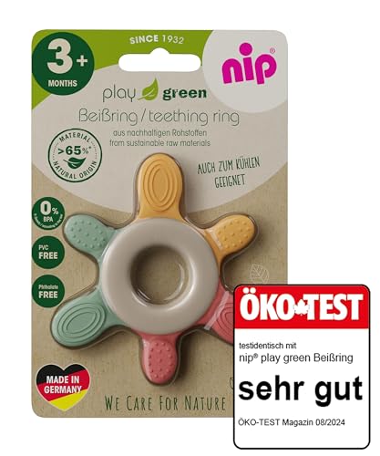 nip – Beißring | Nachhaltiger Beißring für Babys ab 3 Monaten aus über 65% natürlichen Rohstoffen. Zur sanften Massage von Zahnfleisch, Zunge und Zähnchen | Rot/Grün/Orange
