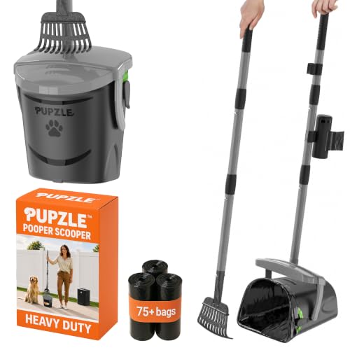 Pupzle Dog Pooper Scooper with Bag Attachment, 40" Long Handle Pooper Scooper for Large Dogs, Dog Poop Scoop for Yard, Large Capacity Swivel Bin and Rake, Lavender Scented Bags (Grey)