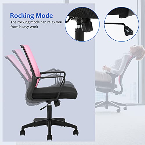 Ergonomic Desk Task Chair Mid-Back Mesh Home Office Swivel Chair Modern Executive Chair with Wheels Armrests Lumbar Support (Pink) - Thumbnail 7