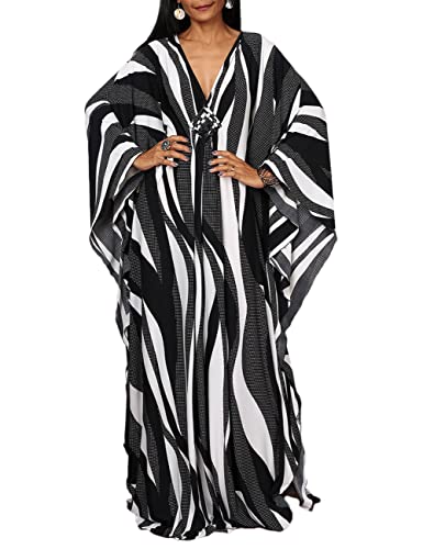 Bsubseach Women Ethnic Print Kaftan Beach Dress Plus Size Swimsuit Cover Up Dotted Zebra