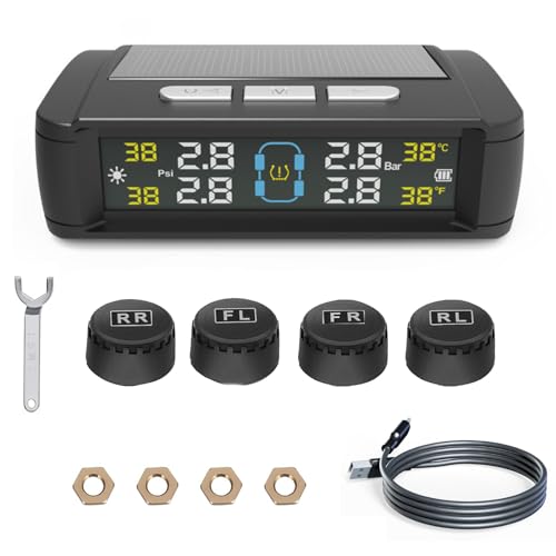 Tyre Pressure Monitoring System TPMS with 4 External Sensors Wireless Car Tire Pressure Monitoring Solar/USB Charging In-Cab Temp/Psi Alerts 0-6 Bar/72 PSI Range Universal for Vans Car SUV Trailer
