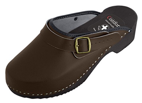 aveente - Zuecos de piel y forma natural, de madera, con hebilla Marrón Size: 44 EU