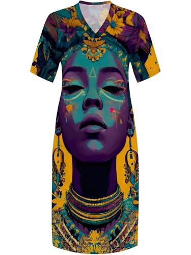 Image of Plus Size Maxi Dress for Women Short Sleeve V Neck Casual Loose Sundress with Pockets