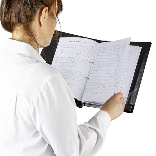 Original Falken Chormappe Gloria DIN A4 aus schwarzer Pappe mit eleganter Prägung ergonomischem Griff Ringmechanik 4 Haltegummis und 2 Sichttaschen innen extrem leicht Notenmappe Gesangsmappe