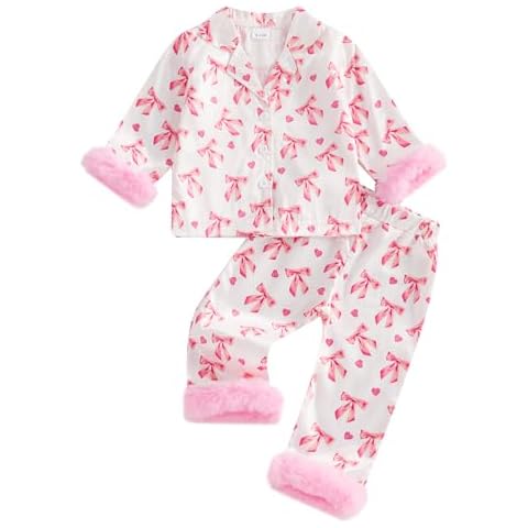 One opening 1-7T Girls Christmas Pajamas Set Xmas Sleeper Button Down Pjs Tops Long Pants Santa Pjs Kids Boy Pjs Sleepwear (Pink pjs set, 6-12 Months) Cover