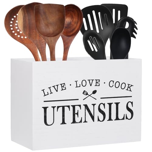 Karisky Portautensili da cucina per piano di lavoro, in legno massello Farmhouse, con fondo rimovibile, grandi 2 scomparti, organizer per utensili da cucina per bancone della cucina, bianco