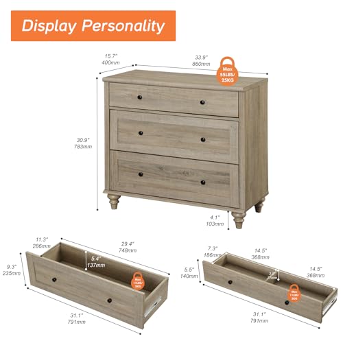 Image of WAMPAT Baby Dresser for Bedroom with 3 Drawers, Kids Dressers with Wide Chest of Drawers, Modern Wooden Closet Storage Organizer, Small Dressers for Living Room, Nursery, Hallway, Rustic Oak